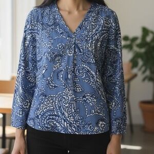 Vince Camuto Blue Paisley‎ V Neck Long Sleeve Blouse Women's Small